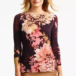 Talbots 100% cashmere sweater floral print 3/4 Sleeve Top SP